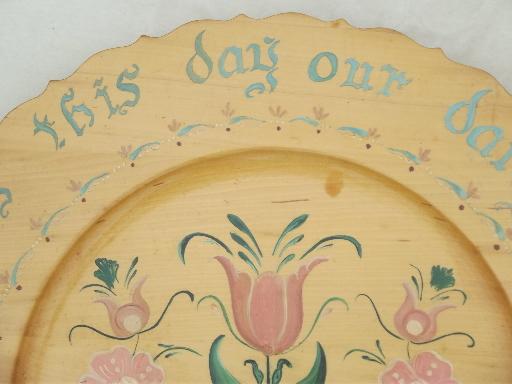 photo of vintage hand-painted rosemaling wood charger, old Daily Bread motto plate #2