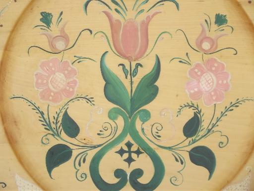 photo of vintage hand-painted rosemaling wood charger, old Daily Bread motto plate #3