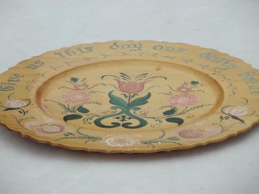 photo of vintage hand-painted rosemaling wood charger, old Daily Bread motto plate #5