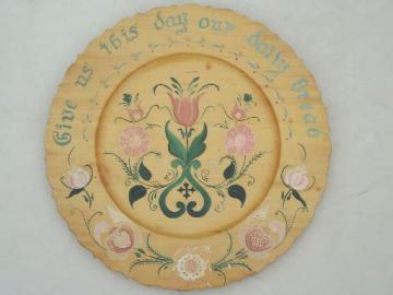 catalog photo of vintage hand-painted rosemaling wood charger, old Daily Bread motto plate