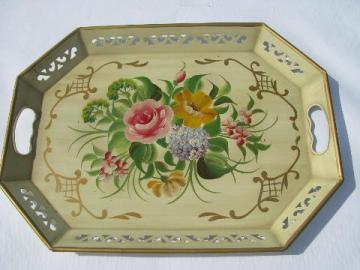 catalog photo of vintage hand-painted roses tole metal tray, shabby cottage chic