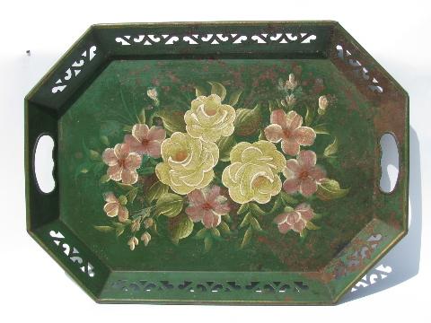 photo of vintage hand-painted roses tole tray, shabby cottage chic #1