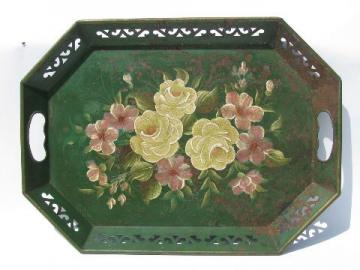 catalog photo of vintage hand-painted roses tole tray, shabby cottage chic