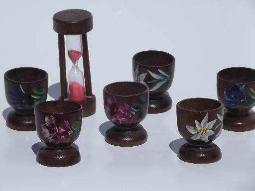 photo of vintage hand-painted tole folk art wood egg cups set, rack and timer #2