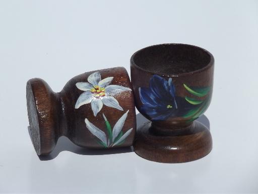 photo of vintage hand-painted tole folk art wood egg cups set, rack and timer #3