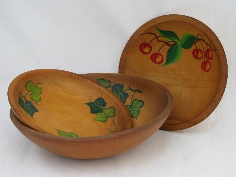 photo of vintage hand-painted woodenware, old wood salad bowls, ivy & cherries #1