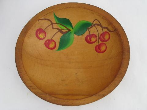 photo of vintage hand-painted woodenware, old wood salad bowls, ivy & cherries #2