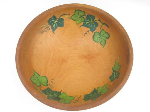 photo of vintage hand-painted woodenware, old wood salad bowls, ivy & cherries #4