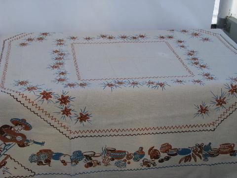 photo of vintage hand-printed cotton kitchen tablecloth, Mexican theme #1