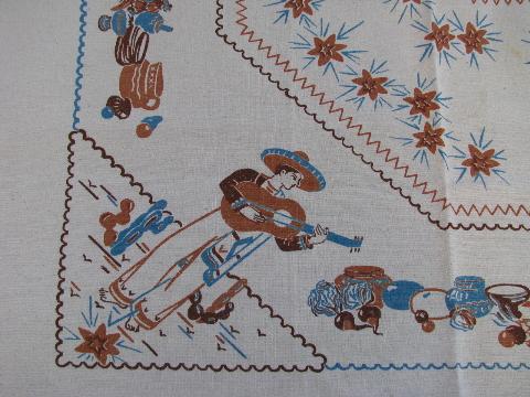 photo of vintage hand-printed cotton kitchen tablecloth, Mexican theme #3