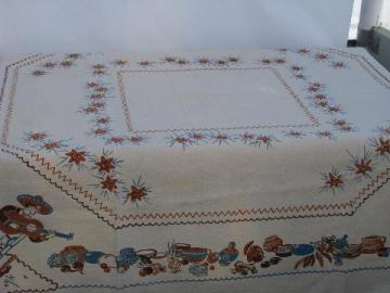 catalog photo of vintage hand-printed cotton kitchen tablecloth, Mexican theme