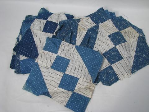photo of vintage hand-stitched quilt blocks, antique blue and white cotton print fabric #1