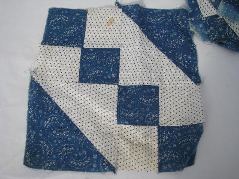 photo of vintage hand-stitched quilt blocks, antique blue and white cotton print fabric #3