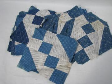 catalog photo of vintage hand-stitched quilt blocks, antique blue and white cotton print fabric