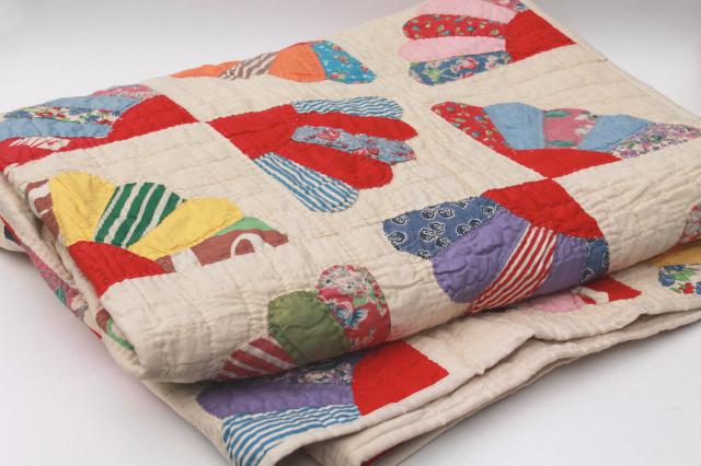 photo of vintage hand-stitched quilt, cotton prints & feedsack fabric patchwork fan pattern blocks #1