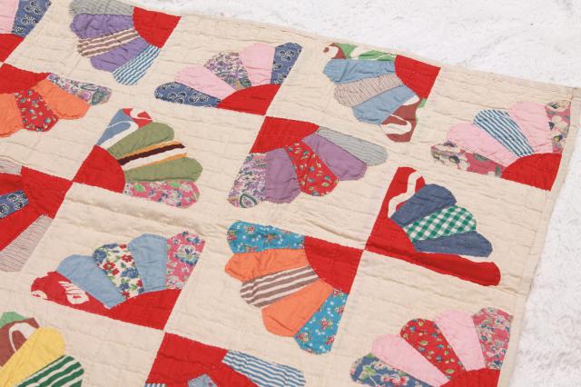 photo of vintage hand-stitched quilt, cotton prints & feedsack fabric patchwork fan pattern blocks #2