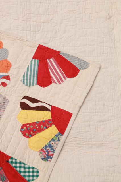 photo of vintage hand-stitched quilt, cotton prints & feedsack fabric patchwork fan pattern blocks #4