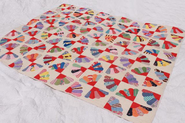 photo of vintage hand-stitched quilt, cotton prints & feedsack fabric patchwork fan pattern blocks #5