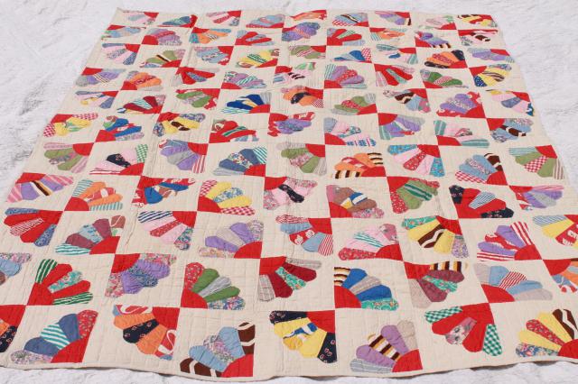 photo of vintage hand-stitched quilt, cotton prints & feedsack fabric patchwork fan pattern blocks #6