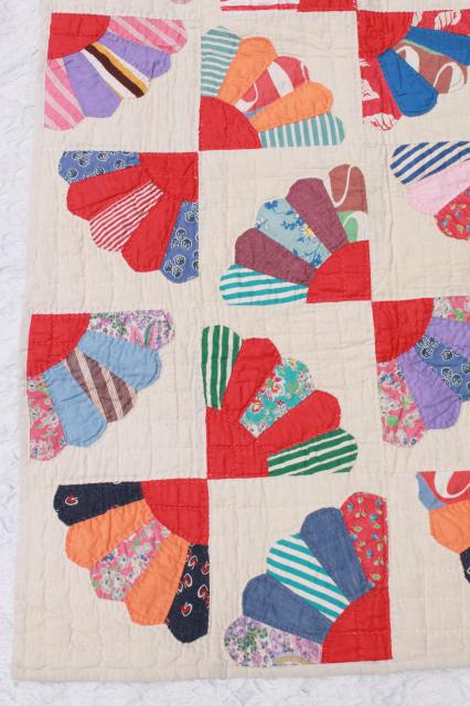 photo of vintage hand-stitched quilt, cotton prints & feedsack fabric patchwork fan pattern blocks #7