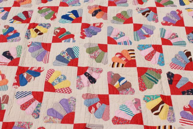 photo of vintage hand-stitched quilt, cotton prints & feedsack fabric patchwork fan pattern blocks #8