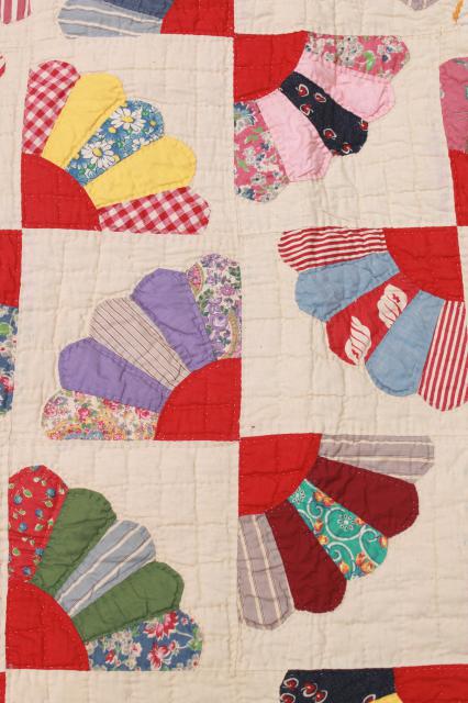 photo of vintage hand-stitched quilt, cotton prints & feedsack fabric patchwork fan pattern blocks #9