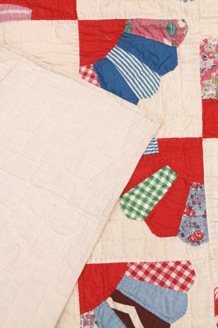 photo of vintage hand-stitched quilt, cotton prints & feedsack fabric patchwork fan pattern blocks #10