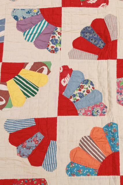 photo of vintage hand-stitched quilt, cotton prints & feedsack fabric patchwork fan pattern blocks #11