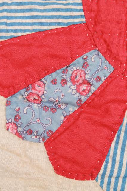 photo of vintage hand-stitched quilt, cotton prints & feedsack fabric patchwork fan pattern blocks #12