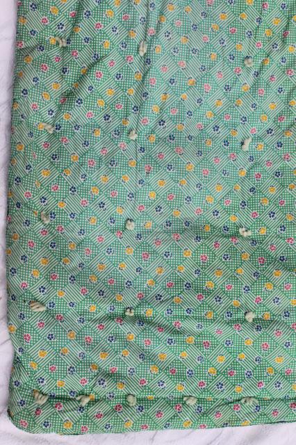 photo of vintage hand-tied cotton print wholecloth quilt, soft puffy wool filled 'eiderdown' comforter #5