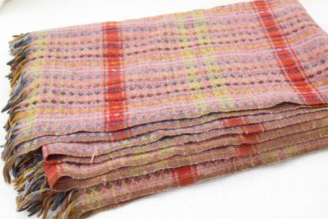 photo of vintage handwoven wool blanket, multi-colored fringed throw Amana colonies #1