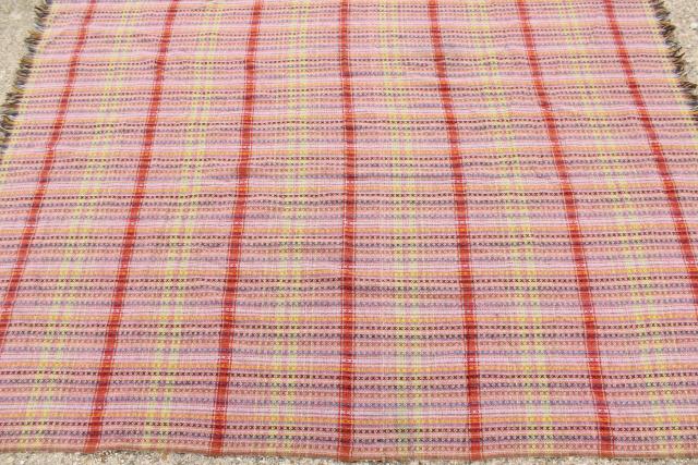 photo of vintage handwoven wool blanket, multi-colored fringed throw Amana colonies #3