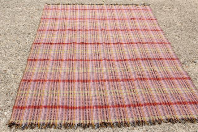 photo of vintage handwoven wool blanket, multi-colored fringed throw Amana colonies #4