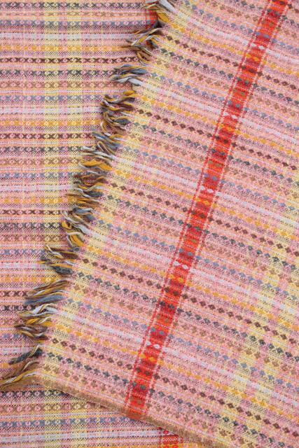 photo of vintage handwoven wool blanket, multi-colored fringed throw Amana colonies #8