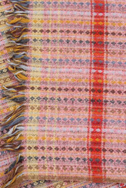 photo of vintage handwoven wool blanket, multi-colored fringed throw Amana colonies #9