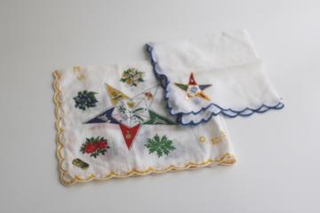 catalog photo of vintage hankies, Order of the Eastern Star embroidered emblem & printed cotton handkerchief 