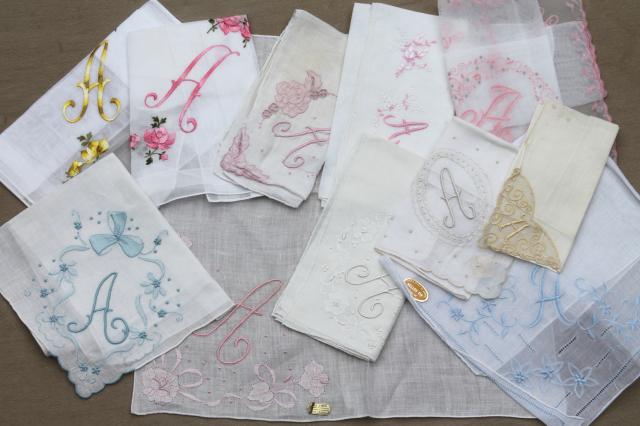 photo of vintage hankies w/ embroidered A monogram, lot of fine cotton & linen handkerchiefs #1