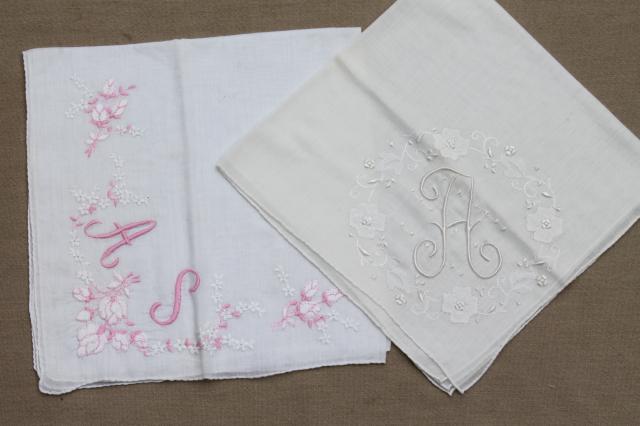 photo of vintage hankies w/ embroidered A monogram, lot of fine cotton & linen handkerchiefs #5