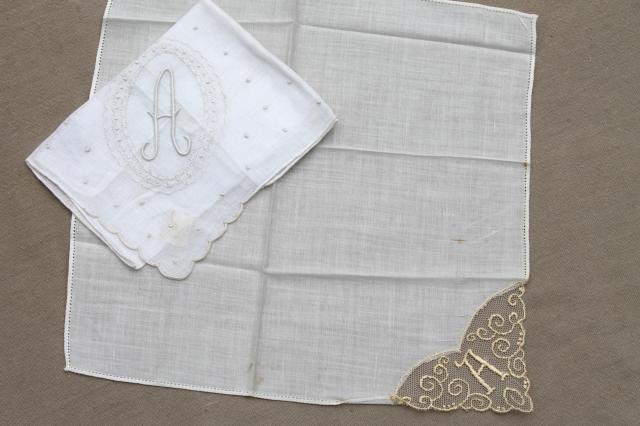 photo of vintage hankies w/ embroidered A monogram, lot of fine cotton & linen handkerchiefs #6