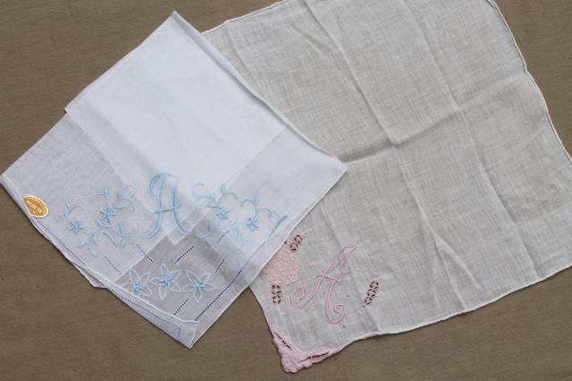 photo of vintage hankies w/ embroidered A monogram, lot of fine cotton & linen handkerchiefs #7