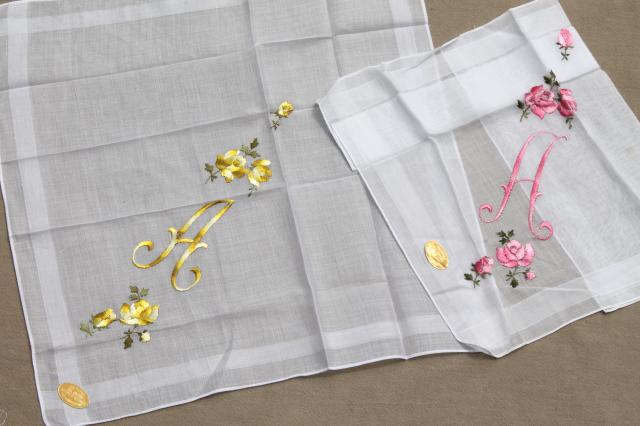 photo of vintage hankies w/ embroidered A monogram, lot of fine cotton & linen handkerchiefs #9