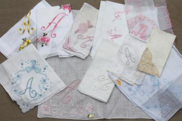 catalog photo of vintage hankies w/ embroidered A monogram, lot of fine cotton & linen handkerchiefs