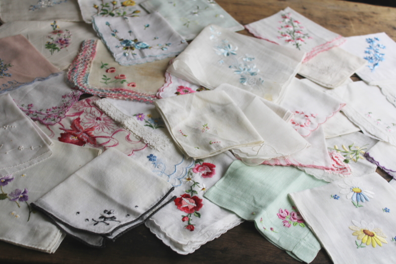 photo of  vintage hankies lot, 30+ shabby embroidered handkerchiefs, Swiss embroidery & lace  #1