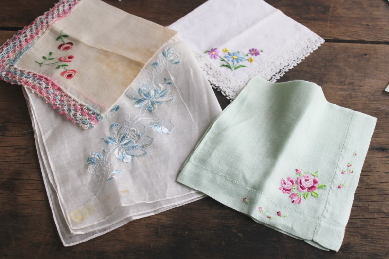 photo of  vintage hankies lot, 30+ shabby embroidered handkerchiefs, Swiss embroidery & lace  #5