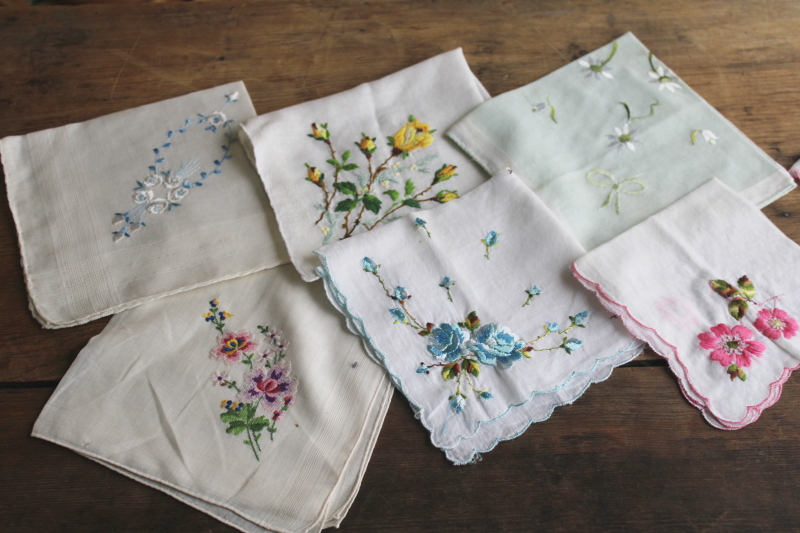 photo of  vintage hankies lot, 30+ shabby embroidered handkerchiefs, Swiss embroidery & lace  #6