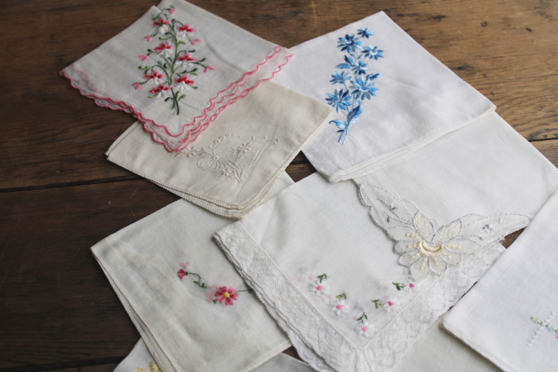 photo of  vintage hankies lot, 30+ shabby embroidered handkerchiefs, Swiss embroidery & lace  #7