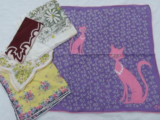 photo of vintage hankies lot 45 print cotton handkerchiefs, kitties, flowers! #7