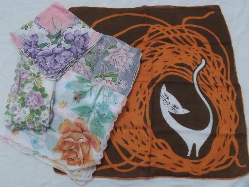 photo of vintage hankies lot 45 print cotton handkerchiefs, kitties, flowers! #10