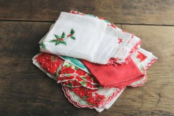 catalog photo of vintage hankies lot, Christmas handkerchiefs, printed cotton hankies and red & green embroidered 