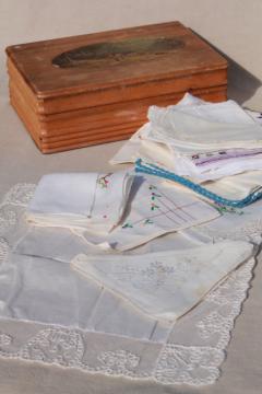 catalog photo of vintage hankies lot, embroidered & lace edged handkerchiefs in cedar wood hanky box